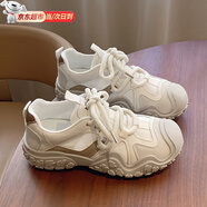 茯見(jiàn) 登山鞋女跑步軟底運動(dòng)鞋輕便網(wǎng)面透氣小白鞋減震舒適學(xué)生老爹鞋 米白色【36碼】