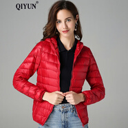 QIYUN 輕薄羽絨服女新款短款立領(lǐng)連帽時(shí)尚修身秋冬短外套大衣 紅色【連帽】 L 108-118斤
