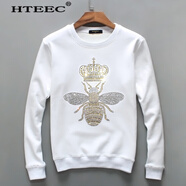 hteec香港潮牌秋冬季加絨衛(wèi)衣新款男士修身圓領(lǐng)衣服燙鉆小蜜蜂圖案休閑 白色 XL