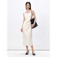 太平鳥(niǎo)女裝連衣裙方領(lǐng)無(wú)袖氣質(zhì)吊帶春收腰抽皺中長(cháng)款裙子 米白 S 