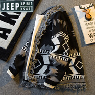 JEEP SPIRIT寬松慵懶風(fēng)V領(lǐng)針織開(kāi)衫毛衣男春秋復(fù)古民族風(fēng)針織衫外套 黑色 2XL (136-150斤)