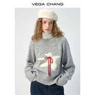 VEGA CHANG羊毛針織衫女2025年春秋季新款設(shè)計感甜美風(fēng)系帶小熊毛衣 淺花灰 均碼