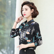 蔚曼（Veevmand）印花雪紡襯衫女長袖2024春秋季新款襯衣洋氣雪紡衫韓版中年上衣女 6805黑色 3XL