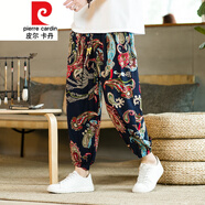 皮爾卡丹（pierre cardin）民族風(fēng)泰國大象印花休閑褲男沙灘夏季亞麻寬松褲子黑白花紋哈倫褲 105腰果花-冰絲 4XL