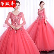 音樂藝考禮服蓬蓬帶袖彩紗學(xué)生聲樂主持人演出服裝女士舞臺獨(dú)唱蓬蓬裙長款晚禮服女成人唱歌 西瓜紅 L