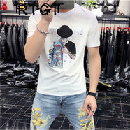 RTGT 潮牌t恤男夏季新款修身圓領(lǐng)字母人物燙鉆印花帥氣潮流休閑短袖 白色 XL