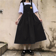 蘭威費(fèi)雷日系學(xué)院風(fēng)背帶連衣裙女學(xué)生韓版寬松中長(zhǎng)裙子裝 黑色小花裙子(單件) XL