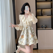 蕭遇（XIAOYU）法式假兩件荷葉邊v領(lǐng)連衣裙女長(cháng)袖春秋季感宮廷復古蓬蓬a字裙 圖片色 L