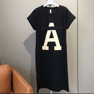 巷舍廣州沙河時(shí)尚T恤連衣裙時(shí)尚單品網(wǎng)紅高級女春夏新款日系短袖A字母 451黑色 S80一100斤裙長(cháng)90厘米小個(gè)子選