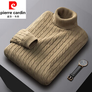 皮爾卡丹（pierre cardin）男裝品牌秋冬季粗針厚款毛衣男全.棉純色針織衫毛衫麻花修身潮 淺棕色【132款-高-領(lǐng)】 薄款 L 適合120-145斤