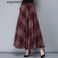 vuzrmm輕奢冬季新款加厚毛呢半身裙女格子長裙a字裙高腰大擺長裙冬長裙 深紅咖啡格 S腰圍1.8-1.9尺長度85lm