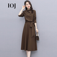 i-O-J高級感早秋長(cháng)袖連衣裙女2025新款高端名媛氣質(zhì)收腰顯瘦過(guò)膝長(cháng)裙子 咖色 M