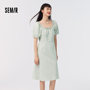 Semir森馬法式連衣裙女鏤空開叉夏季方領(lǐng)泡泡袖氣質(zhì)裙子 豆沙綠40003 S