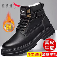 紅蜻蜓馬丁靴男高幫真皮工裝靴男鞋冬季加絨保暖羊毛雪地靴棉鞋男 黑色【加絨款】 40