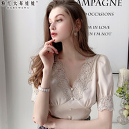 粉紅大布娃娃蕾絲雪紡衫女2020夏季新款短袖女V領(lǐng)鏤空拼接上衣夏女超仙 淺米色 S