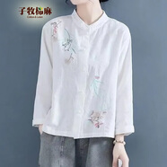 子牧棉麻春裝 女中國風(fēng)立領(lǐng)刺繡襯衫復(fù)古盤扣長袖茶服寬松上衣8889 白色 L (建議105-115斤)