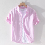 歌世爵薄款透氣男裝夏季棉麻短袖襯衫翻領(lǐng)休閑青年麻料百搭半袖襯衣青年 粉色 L