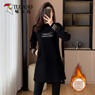 啄木鳥(niǎo)加絨加厚衛衣女中長(cháng)款遮屁股打底衫2025秋冬新款爆款大碼胖mm上衣 黑色加絨 3XL 建議135-150斤