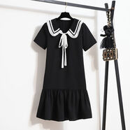 索宛亦（SUOWANYI）2022夏裝新款百褶娃娃領(lǐng)蝴蝶結短袖連衣裙顯瘦學(xué)院風(fēng)裙 黑色 【，】 S 建議80-90斤