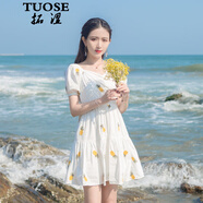 拓澀（TUOSE）連衣裙夏季新款菠蘿刺繡小個子收腰顯瘦減齡百搭小清新甜美短裙子 白色 L