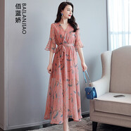 佰藍(lán)嬌 連衣裙2021夏裝新款夏季女裝時(shí)尚氣質(zhì)韓版遮肚子顯瘦女士V領(lǐng)碎花短袖長款雪紡連衣裙夏天長裙子 豆沙色 XXL