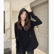 妃麗慕尚德絨加厚拉鏈連帽衛(wèi)衣女秋冬弧形下擺中長款寬松百搭長袖打底衫潮 【德絨厚】767黑色 M 建議100斤以內(nèi)