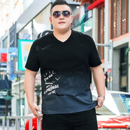 豪朗格 肥佬男裝夏裝短袖印花t恤加肥加大碼 超大號(hào)寬松冰絲棉半袖體恤 黑色 6XL