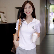 婳如嫣連帽短袖t恤女2025夏季新款弧形下擺設計感小眾休閑運動(dòng)體恤上衣 白色上衣 M