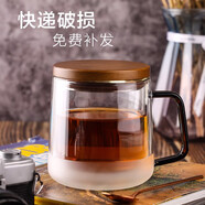 ORTOR玻璃馬克杯大容量雙層手柄杯辦公茶杯帶蓋茶水杯子家用禮盒裝 蘭科手柄杯（大號(hào)）+咖啡勺+杯墊