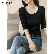 梵希蔓早秋質(zhì)感U型領(lǐng)漏鎖骨針織衫女高彈修身顯瘦上衣半袖打底衫 71068 黑色 S