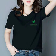 珞妮短袖t恤女顯瘦女裝上衣春夏季新款韓版V領(lǐng)半袖休閑體桖衫 黑色左胸愛(ài)心 2XL 建議125-135斤