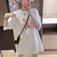 單曲循環(huán)潮牌新款夏季薄款內(nèi)搭粉色兔子中長款t恤女設(shè)計(jì)感小眾上衣棉短袖 白色【字母兔子】 XL 【126-140斤】