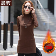 晨芙半高領(lǐng)打底衫女冬加絨加厚韓版修身顯瘦中長(zhǎng)款長(zhǎng)袖t恤女保暖上衣 咖啡色(加絨款) L 建議105-115斤