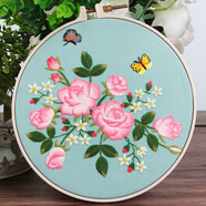 繡魁新款刺繡手工課創(chuàng  )意禮物飾品印花自繡DIY繁花滿(mǎn)園蘇繡品自己刺繡 粉玫瑰二【材料包+輔助繡繃】