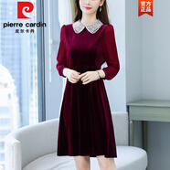皮爾卡丹（pierre cardin）2023春秋新款連衣裙女冬長袖小個子收腰娃娃領(lǐng)顯瘦氣質(zhì)金絲絨裙子 酒紅色 M