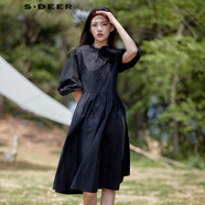 sdeer圣迪奧秋季2022女裝時(shí)尚百搭不規則高腰公主袖套頭短袖立體剪裁A字黑色氣質(zhì)連衣裙女 黑色/91 S/160