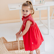 happyology英國女童刺繡荷葉邊連衣裙女寶寶裙裝公主范撞色連身裙 公主紅 86 (86cm)