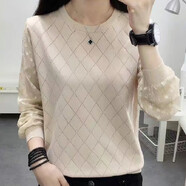 纖蕓沐針織衫女春秋季女裝毛衣打底衫女休閑時尚拼接雪紡袖縷空上衣女 卡其色 M