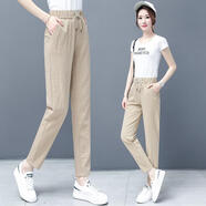 初徑冰絲棉麻褲子女2025夏季薄款高腰顯瘦休閑褲哈倫直筒褲百搭九分褲 卡其色 L 建議106-115斤