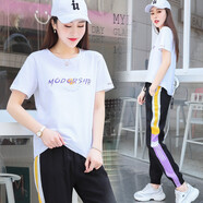 越倫 運(yùn)動(dòng)套裝女短袖休閑套裝夏季新款寬松冰絲束腳長(zhǎng)褲韓版時(shí)尚跑步服女顯瘦百搭兩件套2022七夕情人節(jié) 白色 XL（115-125斤）
