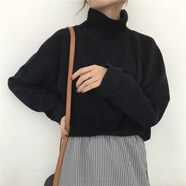 呦魅加絨毛衣女2022秋冬新款韓版寬松套頭保暖學生高領(lǐng)打底針織衫 蝙蝠袖：黑色 寬松款 S