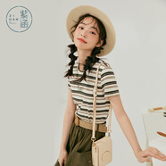 紫涵條紋短袖T恤女復古圓領刺繡夏季新款簡約百搭顯瘦短t時尚 苔蘚綠 M