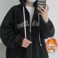 唐號休閑外套男美式開(kāi)衫衛衣男2024新款早秋連帽潮流寬松連帽外套男 黑色【加絨】 L