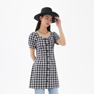 美特斯邦威格紋連衣裙女夏季新款舒適時(shí)尚校園風(fēng)高腰黑色女士裙子 影黑 M 160 84A