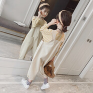 小乖童年小女孩春天穿的衣服女童背帶褲套裝春秋2020新款中大童8洋氣9條紋10兩件套12兒童13歲 黃色 160(建議155cm左右)