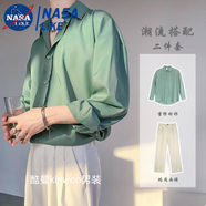 憶克薩兩件套冰絲襯衫上衣高級感男神帥氣成熟2025春季潮男墜感休閑襯衣 綠色襯衫+白西褲(兩件) L