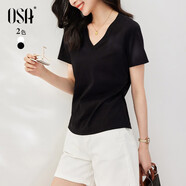 歐莎（OSA）收腰V領(lǐng)新疆棉短袖t恤女夏季2025年新款內(nèi)搭正肩小白T上衣 黑色 S
