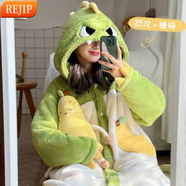 REJIP蝙蝠珊瑚絨睡衣女可愛(ài)情侶睡袍男冬季法蘭毛絨睡裙連體家居服套裝 恐龍讓梨睡袍(兩穿) M建議身高【160-165CM】