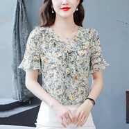 澳曼路單層碎花襯衫女短袖2024夏季新款減齡高檔洋氣衣服女裝上衣雪紡衫 黃色花朵 L（建議105-115斤）