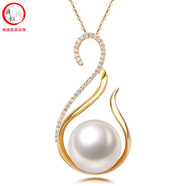 滴水成珠南珠世家淡水珍珠吊墜天鵝造型925銀鑲鋯石吊墜托豪華大氣送媽媽 10-11mm白色扁形淡水珠+黃色托